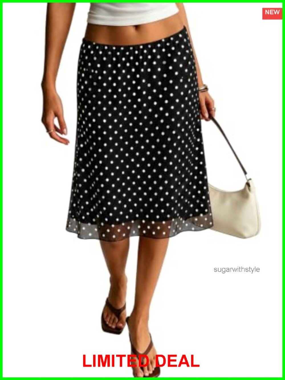 Low Rise A-Line Midi Skirt Polka Dot Mesh Lined Knee Length